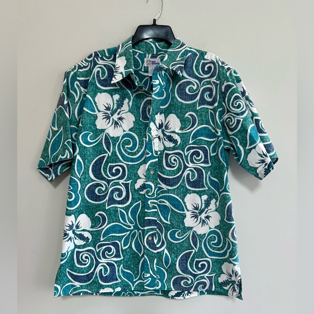 Reyn Spooner Hibiscus Floral Hawaiian Camp Button Down Shirt in Green/Blue, az L